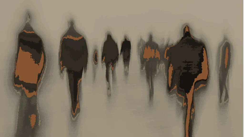 Blurred silhouettes of men walking forward in muted tones, evoking transition, isolation, and searching.