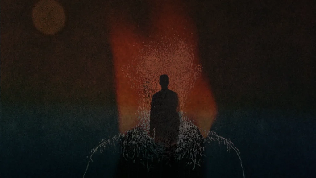 A man facing his shadow, symbolising midlife reflection, inner conflict, and transformation