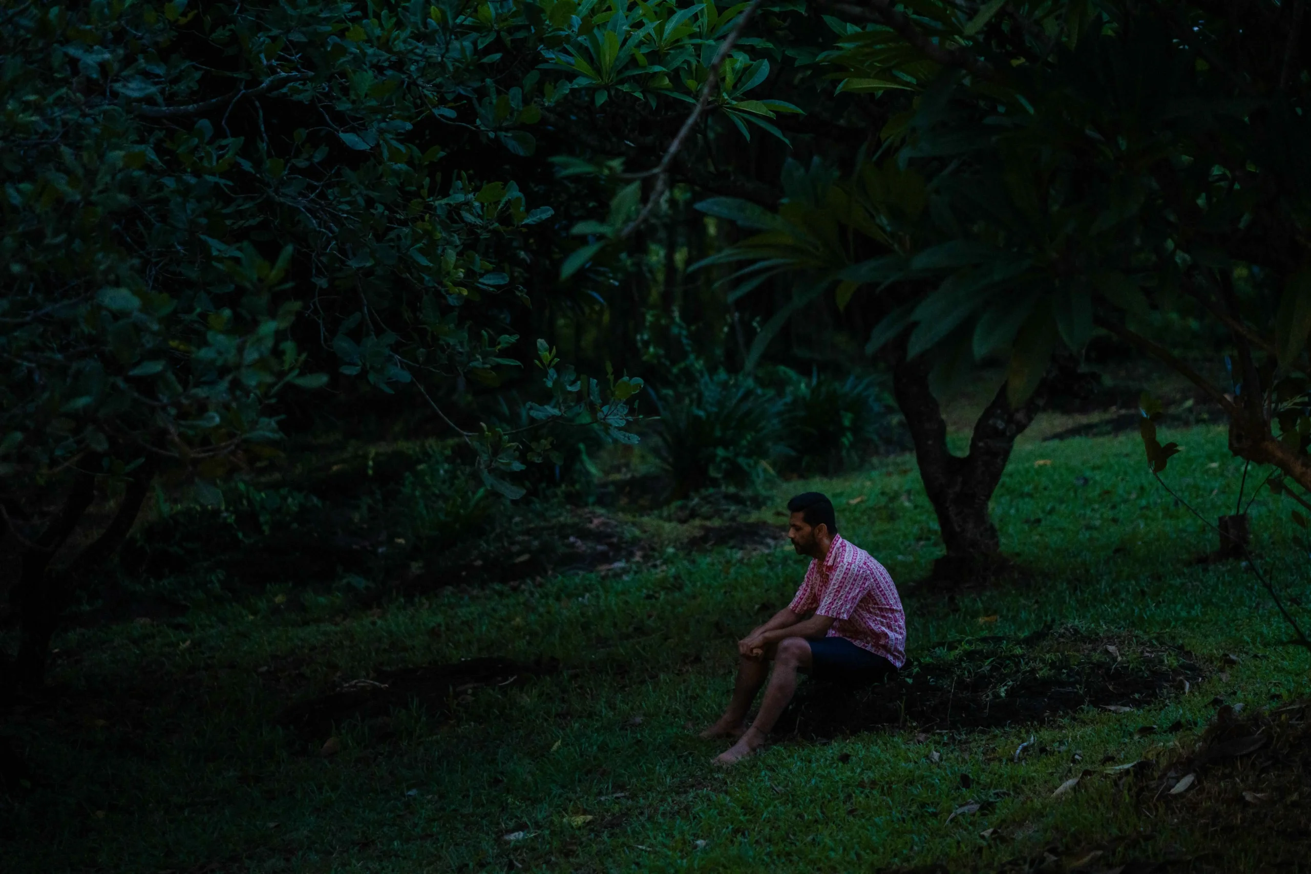 Man sitting barefoot in a forest clearing — a quiet moment of stillness and reflection.